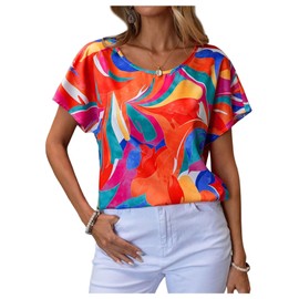 Floerns Women's Casual Graphic Print Dolman Sleeve Blouse Tops Crew Neck Summer Shirts Orange Multi Medium