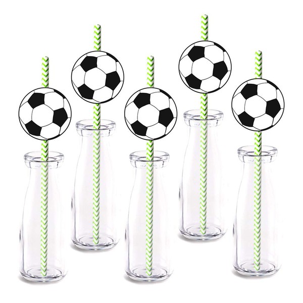 Soccer Party Straw Decor, 24-Pack Soccer Sports Boy Girl Baby Shower Or Birthday Party Decorations, Paper Decorative Straws