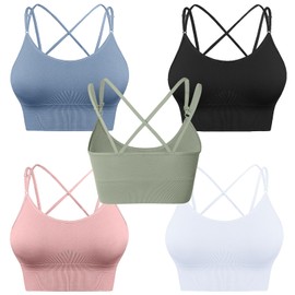 Atxnn Women's Sports Bra Adjustable Shoulder Strap Yoga Bra Push Up Bustier Crossback Seamless without Underwire with Removable Padded for Fitness Running Jogging, 5 Pieces