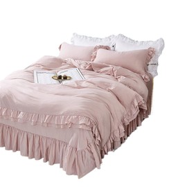 MOOWOO Ruffle Duvet Cover Set, Soft and Breathable Washed Microfiber 3pcs Bedding Set, Shabby Chic Farmhouse Duvet Cover and Pillow Shams, Zipper Closure & Corner Ties, Easy Care - Queen, Pink