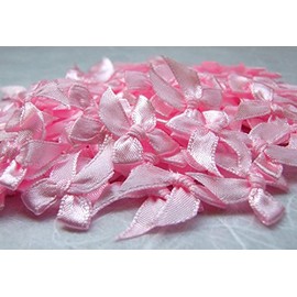 ICRAFY 100 Tiny Light Pink Satin Ribbon Bows Sweet Mini Embellishment Craft Artificial Applique Wedding Ribbon Width 7 mm.