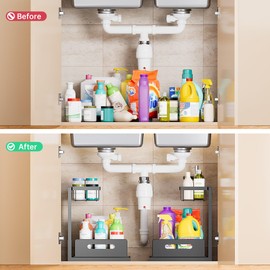 VUSIGN Under Sink Organizer and Storage, Slide Out Cabinet Organizer, Pull Out Sink Shelf for Kitchen Bathroom Laundry, Black, 2 Pack