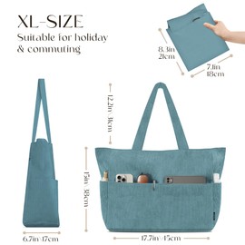 HOMESPON Large Corduroy Tote Bag for Women Everyday Shoulder Bag with Pockets and Zipper for Work Travel Vacation (Turquoise, L)