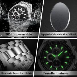Reloj Hombres de 3ATM Impermeable, Reloj Automático Hombre con Marcadores Luminosos, Reloj de Acero Inoxidable con Pulsera Ajustable, Reloj Analógico para Controlar el Tiempo