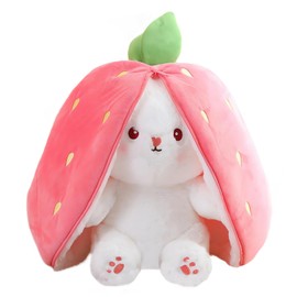 COQOYO Kuscheltier Hase in Erdbeere, Osterhase Plüschtier, Flip Plüsch Stofftier mit Reißverschluss, Kleine Süße Kawaii Kaninchen Plushie Puppe Spielzeug, Geburtstag Geschenke für Kinder, Rosa Weiß