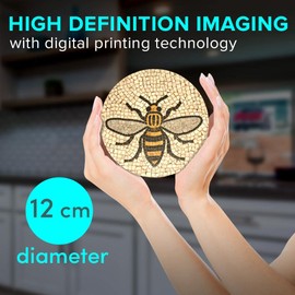 1 x Round Jumbo Size Coaster 12cm Manchester Bee Mosaic Pattern Cork Backed MDF Glossy Tea Coffee Accessory #51408