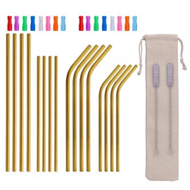 Kitiok 16-Pack Reusable Metal Long Drinking Straws Stainless Steel Dishwasher Safe With Silicone Tip Case Clearner Brush,Gold