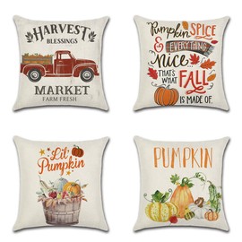 Artscope 4er-Set Dekorativ Kissenbezug 45 x 45 cm, Herbst-Thema Polyester Leinen Kissenbezüge Dekokissen Kissenhülle Set Kissen Fall für Sofa Auto Schlafzimmer Zuhause Dekor (Kürbis - C)