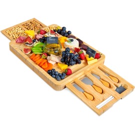 RoyalHouse Unique Bamboo Cheese Board and Knife Set with 2 Slide-Out Cutlery Drawers - Charcuterie Boards Set & Cheese Platter - Ideal Anniversary, Wedding and Housewarming Gift