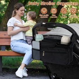 Baby Stroller Organizer with 2 Cup Holder Waterproof Oxford Pram Caddy Bag with Detachable Phone Pocket Adjustable Shoulder Strap Pushchair Organiser Portable for Stroller Travel Accessories(Black)