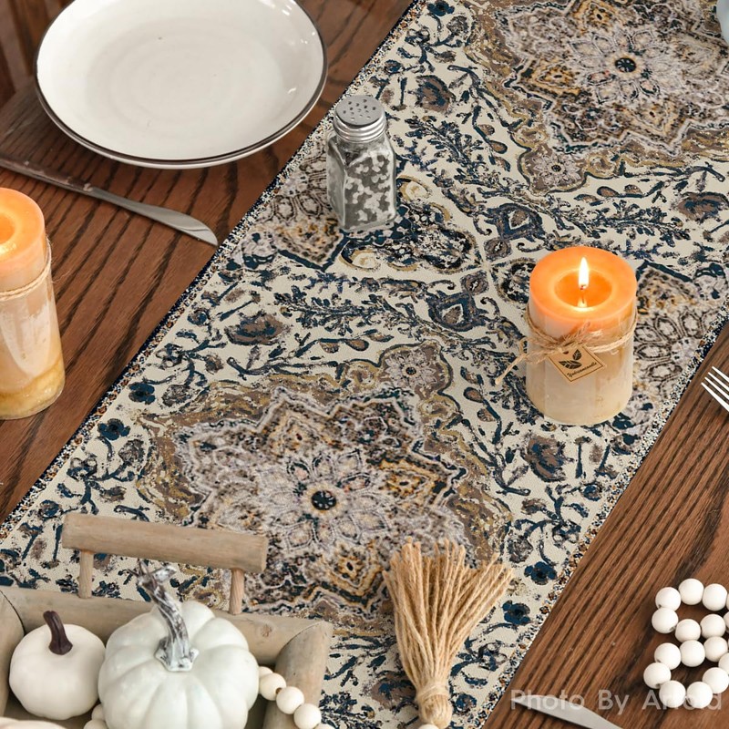 Artoid Mode Boho Bohemia Style Dark Blue Table Runner, Rustic