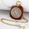 Tiong Reddish Brown Square Wooden Quartz Pocket Watch with Chain,