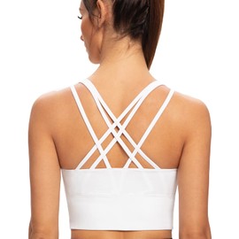 AGONVIN Women's Longline Strappy Padded Medium Support Training Top Sports Bra, White