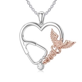 HARMONY BOLA Rose Gold Caduceus Angel Nursing Pendant Stethoscope Heart shape Necklace Jewellery Thanks Gifts for Nurse Doctor Women Girls 18"+2" Chain, with Cubic Zirconia