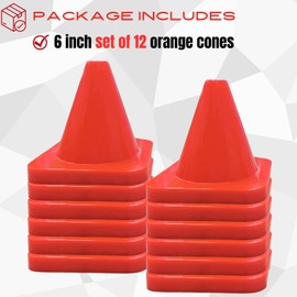 Versatile Heavy Duty 6in Agility Training Cones for Soccer, Football, Basketball & Sports Drills, Flexible Motorcycle & Traffic Training Cones, Durable, Adjustable, High Visibility (Set of 12, Orange)