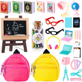 FFNIU 30 Pcs School Supplies Set, Doll Backpack, Laptops, Glasses, Blackboard, Mini Book, Palette, Paper, Ruler, Scissors, Calculator for Dolls
