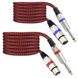 Mugteeve Unbalanced 1/4" TS Male to XLR Female Mono Cable, 6.6 Feet 6.35 mm Quarter Inch to 3pin XLR Microphone Cord, OFC Shield, Nylon Braided, Red Color, for Mixer/amp/Audio Interface, 2Pack