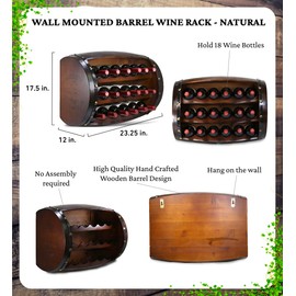 CoTa Global Napoleon Mounted Wall Wine Rack - 18 Wine Bottles Wooden Barrel Wine Rack, Hanging or Freestanding Floor Wine Holder, Liquor Bar Shelves, Rustic Wine Storage Shelf Organizer Home Decor