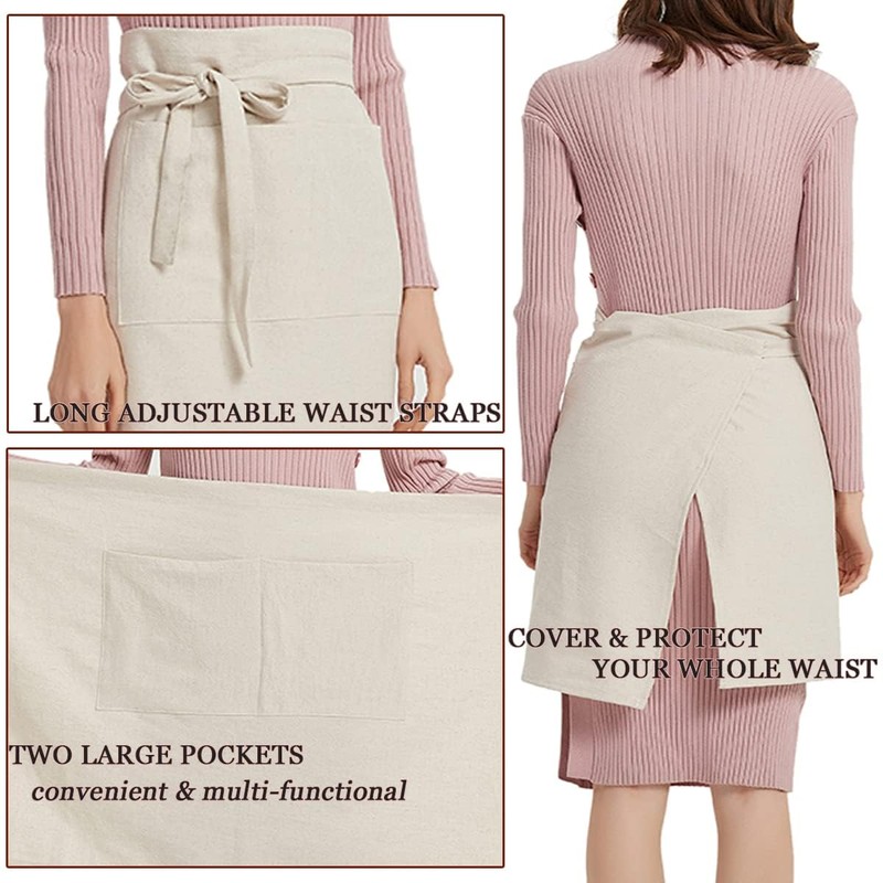 Cityelf Cotton Linen Bistro Half Apron with 2 Large Pockets