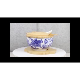 White Blue Koi Fish 28Oz Donburi Ramen Bowl With Lid Trivet Spoon Chopsticks Set