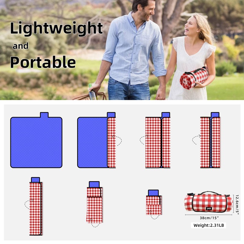 ZAZE Picnic Blanket Extra Large Waterproof, 80''x80''Checkered Picnic Blankets Beach,