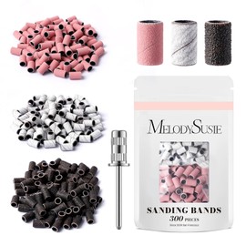 MelodySusie 300 Pieces Sanding Belts with Mandrel, 120 Medium, 180 Fine, 240 Extreme Fine Grit, E-File Sand Piece Nail Cutter Bits Set for Acrylic, Gel Removal, Manicure and Pedicure