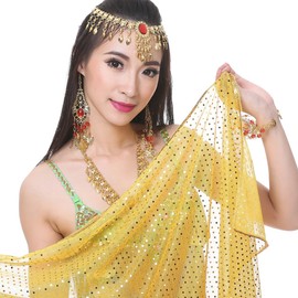 210x95cm 12 Color Highlights Shinning Spot Hand Scarf Belly Dance Sequined Scarf Belly Dance Yarn (Yellow)