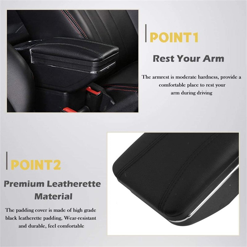 RULLINE Car Armrest Console Storage Box Rotatable Black Leather Center