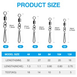 Realure 100 Pcs/5 Sizes Quick Change Fishing Rolling Swivels with Hanging Snaps 4# 6# 8# 10# 12# Sea Fishing Swivels and Clips for Fishing Lure to Line Connectors