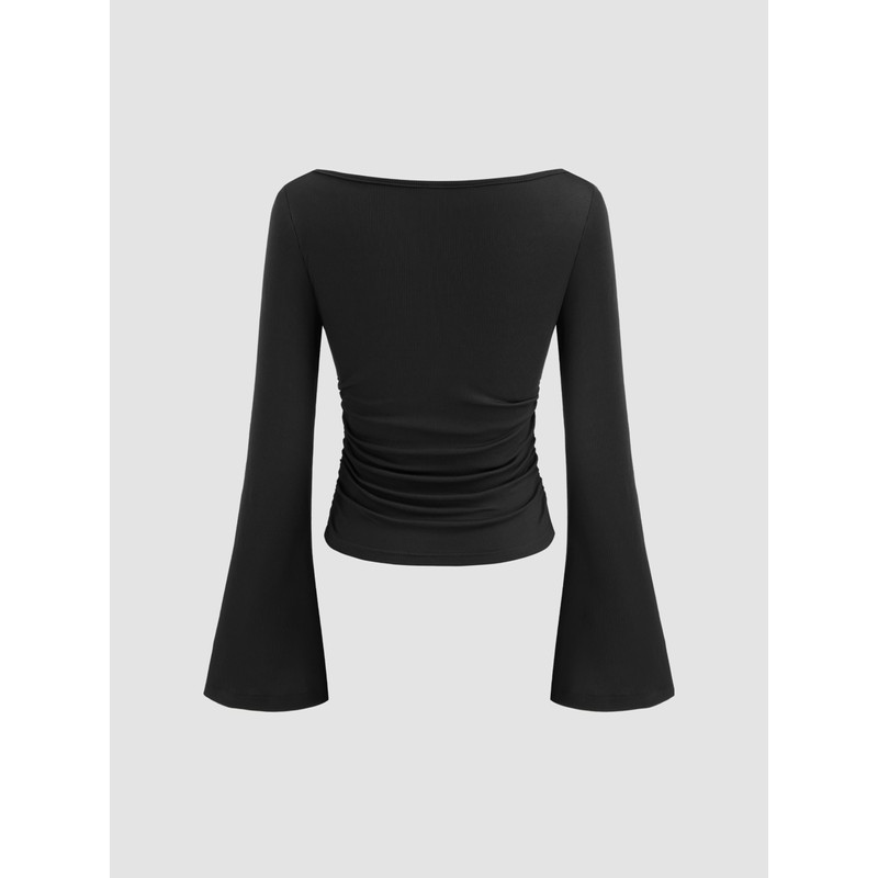 CIDER Boat Neck Solid Ruched Long Sleeve Tee: Black, M