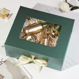 PLINJOY 5 Pcs Green Gift Box for Presents with Ribbon 13.2x11x5.3 Inches Clear Gift Box with Window Magnetic Closure Gift Boxes with Lids