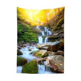 BELECO Autumn Forest Tapestry Mountain Small Waterfall Tapestry Wall Hanging Rock Stones Stream Yellow Trees Scenic Backdrop Nature Tapestry for Bedroom Living Room Dorm Decor 47x70 Inches