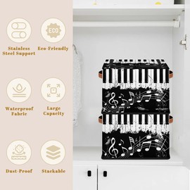 LOMBARDIDEN Music Note Ballet Storage Bins with Zipper Lid, Collapsible Fabric Storage Basket with Leather Handles Closet Shelf Cloth Organizer Basket for Nursery Bedroom Clothes Toy