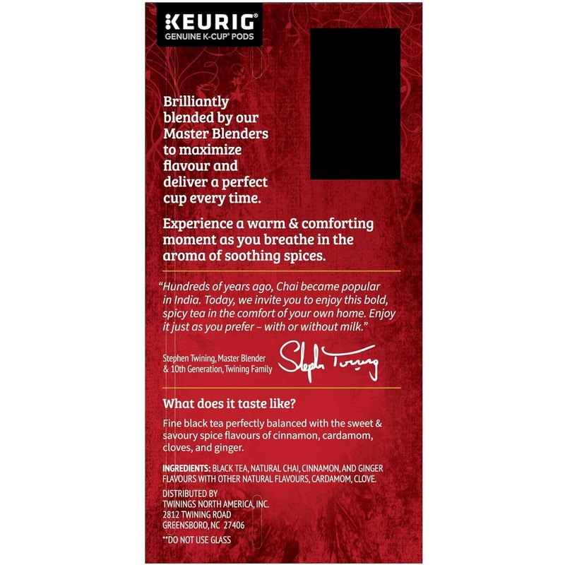 Twinings Chai Flavoured Black Tea K-Cup Pods for Keurig, Naturally