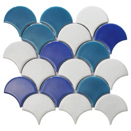 Tenedos Marbella Azul and Bianco Scallop Fish Scale Textured Porcelain and Glass Mosaic Wall Tile for Kitchen Backsplash Bathroom Shower Accent Decor 1 Sheet