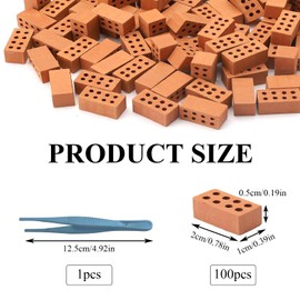 100 Mini Bricks for Wall, Mini Simulation Brick Red, Mini Model Building Bricks Set, Children's Miniature Bricks with 8 Holes for DIY Dollhouse Fairy Garden Decoration 2 x 1 x 0.5 cm (with Tweezers)
