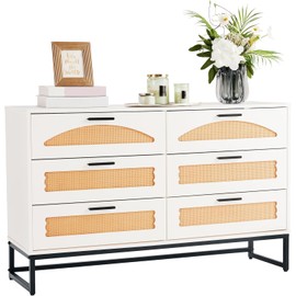 Mericonia 6 Drawer Double Dresser for Bedroom, Rattan Chest of Dressers, Modern Wooden Dresser Chest with Metal Frame for Bedroom, Living Room, Hallway and Entryway, White