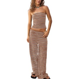 Tankaneo Womens Striped 2 Piece Sets Summer Strapless Crop Tube Tops Wide Leg Pants Matching Lounge Set Vacation Outfits