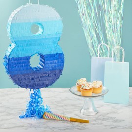 Ombre Blue Number 8 Pull String Pinata, Party Game for Kids, 16.5 x 11 x 3 In Fillable Hanging Decoration for 8th Birthday Decorations for Boys Girls, Holds Candy, Toys, Confetti