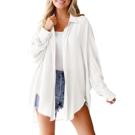 Saodimallsu Womens Oversized Button Down Shirts Long Sleeve Irregular Hem Blouse Tops White