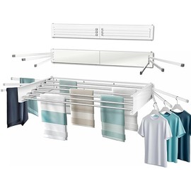 Wall Mounted Clothes Drying Rack with 6 Swivel arms, 35”Wide, 26 Linear ft of Laundry Drying Rack Space, 6 Collapsible Aluminum rods, 2X Drying Capacity, Space Organizer Holds up to 60lbs