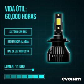 Evolum Barracuda - Luces Led para Auto - 11,000 lumenes - Faros para Coche - Sistema Can Bus - Resistencia al Agua - Haz de luz Perfecto - Cuerpo de Aluminio de Alta Calidad - Luz Blanca (H7)
