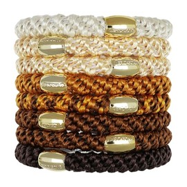 Brown Hair Ties with Gold Beads for Thick Hair, Grab & Go Ponytail Holders, 8 Pack, Leather | Gold Bead, Thick No-Crease Bands with Strong Hold, Damage-Free Design | L. Erickson