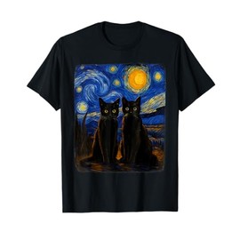 Starry Night Vincent van Gogh Famous Painting Black Cats T-Shirt