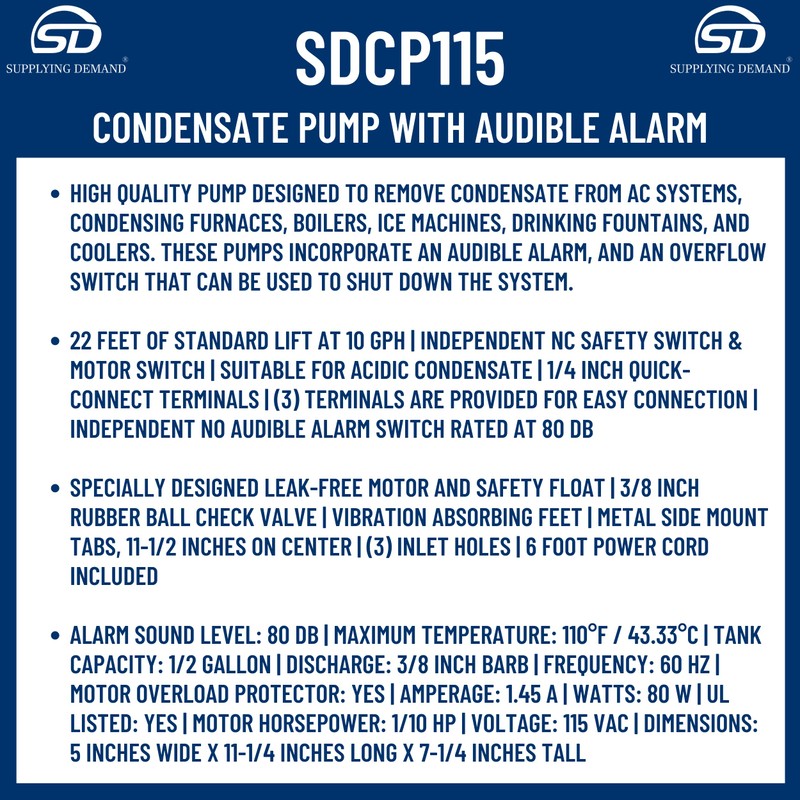 Supplying Demand CP115 SPCP115 HVAC/R Condensate Pump with Alarm 1/10HP