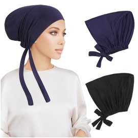 PHOGARY Pack of 4 Women's Undercap Hijab, Islamic Muslim Underscarf Hijab Cap with Tie Back Closure Solid Colour Under Scarf Hijab Hat Turban Headgear Chemo Headscarf Sleep Hat, Black, Navy