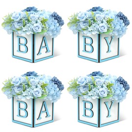 MASTRON Baby Shower Centerpieces for Table - 4 Set of Wood Boxes with BABY Letters 6 x 6 inch Cube Planter Vase Baby Blocks for Boys Baby Shower Gender Reveal Favor - Blue