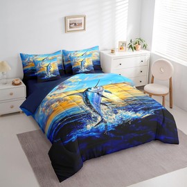 Feelyou Marlin Swordfish Comforter Set with Sheets Fishing and Hunting 7 Piece Bedding Set Twin Size for Kids Boys Girls Fish Bed in a Bag Fishing Bed Set