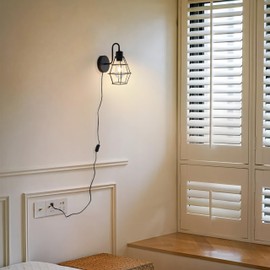 DTIEDY Plug in Wall Sconce with On/Off Switch Wall Mount Light Fixture with Cord, Black Metal Wire Cage Lampshade Farmhouse Rustic Wall Lighting E26 for Bedroom Living Room, Bulb Not Included