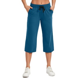 SPECIALMAGIC Women Capri Pants Cotton Yoga Wide Leg Pajama Pants Capris Sweatpants Sports Ocean Blue Medium